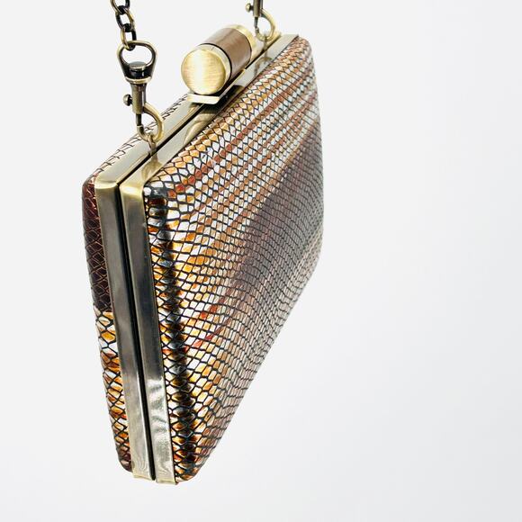 Patricia Nash Copper Metallic Snakeskin Leather Chain Strap Clutch Evening Bag - Picture 2 of 9